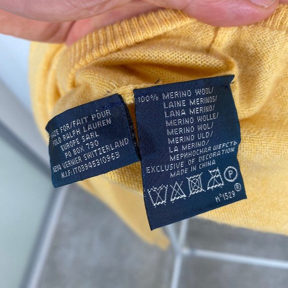 Polo Ralph Lauren 100% Merino Wool Jumper V-Neck Sweater Yellow Medium - Picture 9 of 14